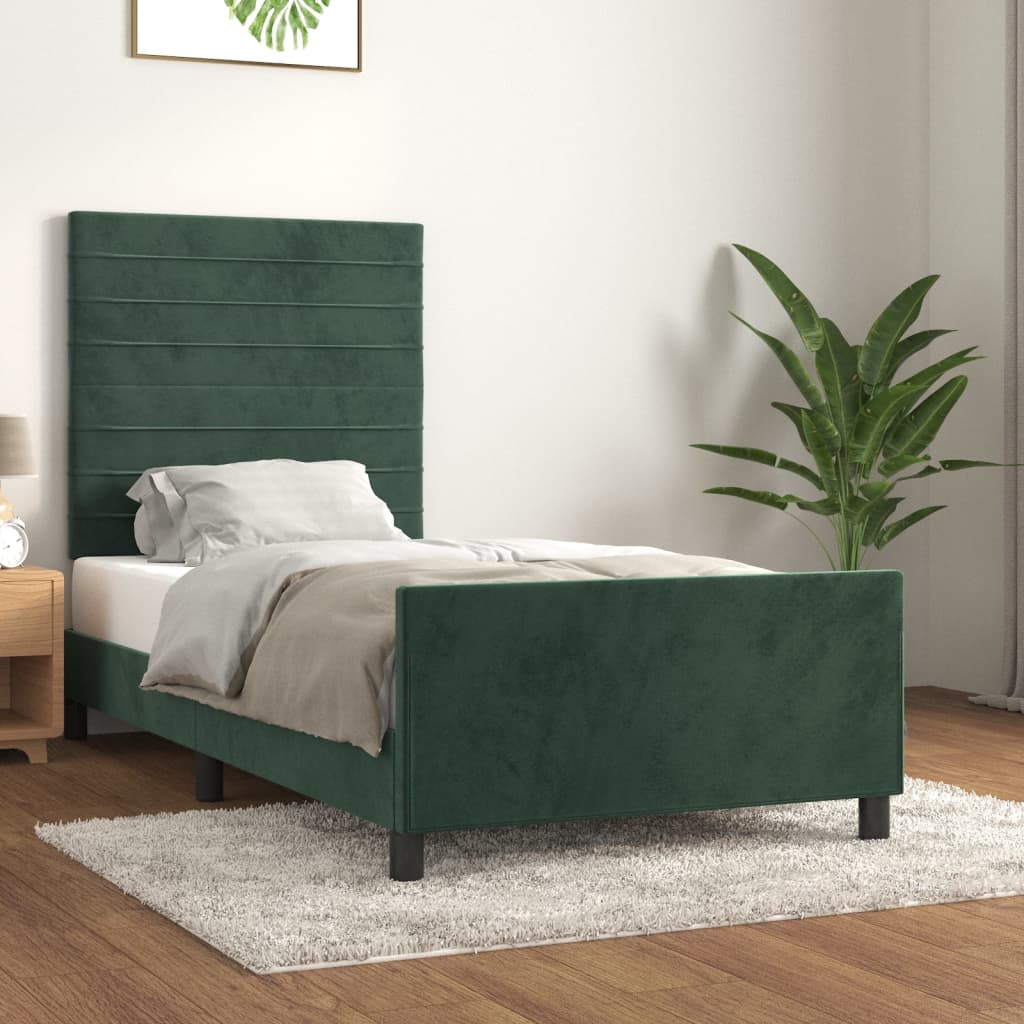 vidaXL Estrutura de cama c/ cabeceira 90x190 cm veludo verde-escuro