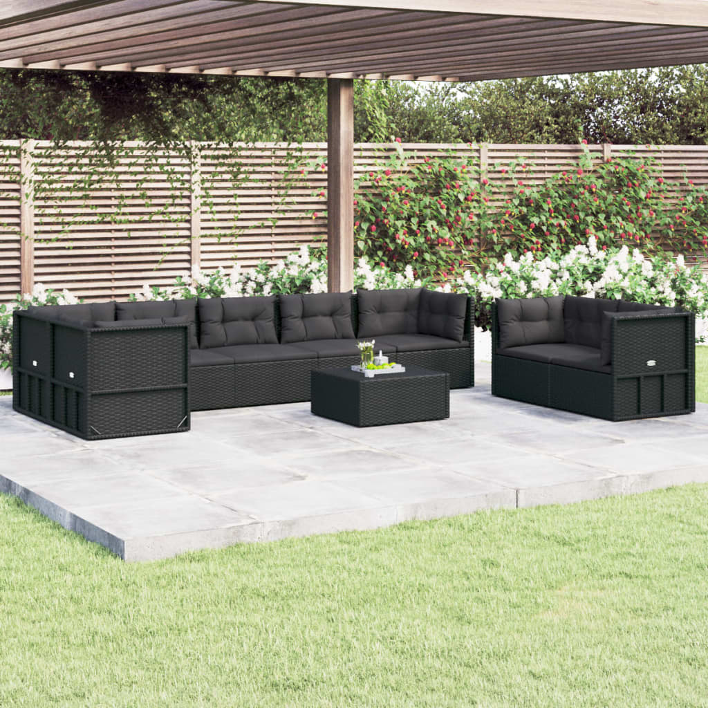 vidaXL 8 pcs conjunto lounge de jardim c/ almofadões vime PE preto