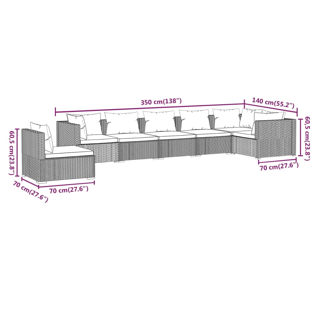 vidaXL 7 pcs conjunto lounge de jardim c/ almofadões vime PE cinzento