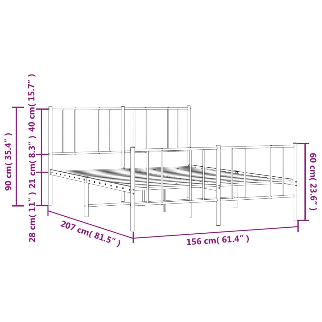 vidaXL Estrutura de cama com cabeceira e pés 150x200 cm metal preto