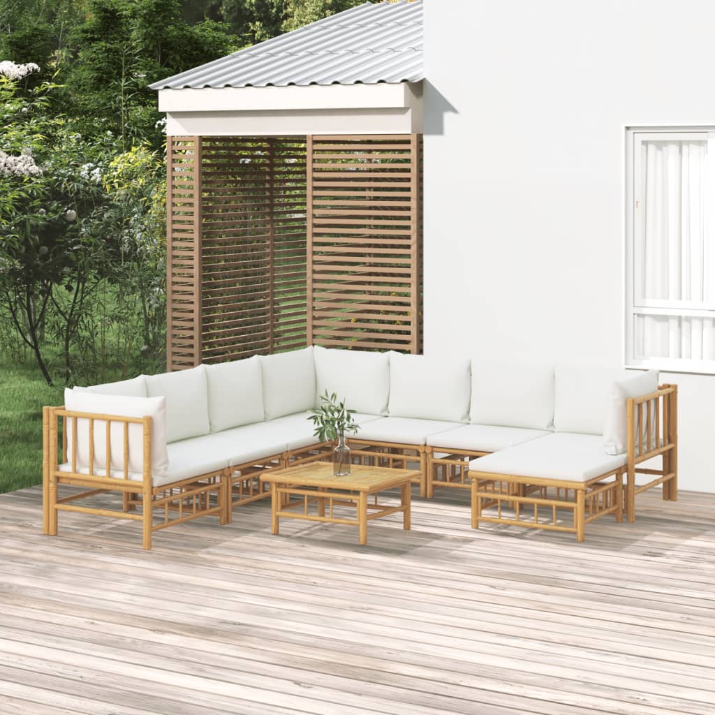 vidaXL 9 pcs conjunto lounge de jardim bambu c/ almofadões branco nata