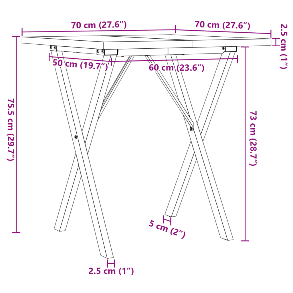 vidaXL Mesa de jantar estrutura em X 70x70x75,5 cm pinho/ferro fundido