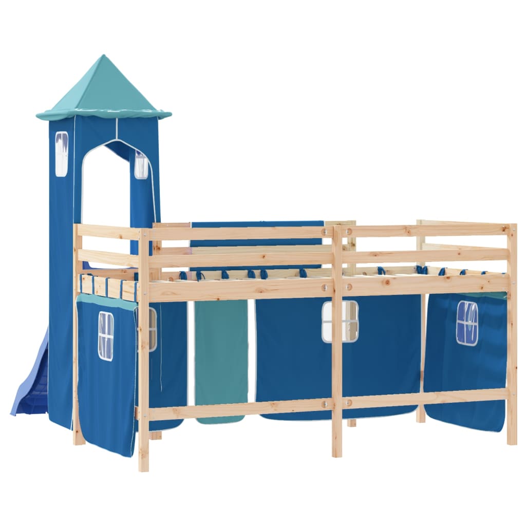vidaXL Cama alta para criança com torre 90x200 cm pinho maciço azul