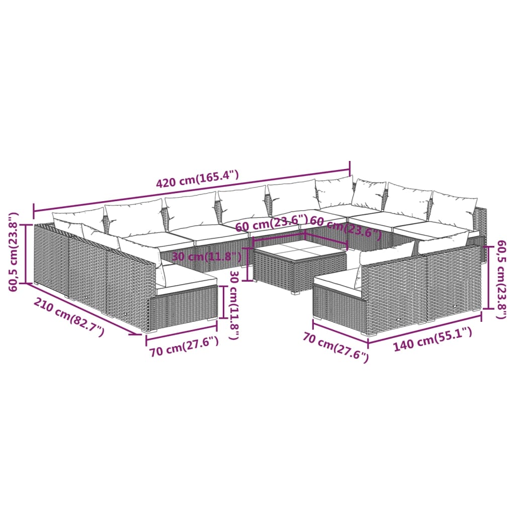 vidaXL 13 pcs conjunto lounge de jardim c/ almofadões vime PE preto