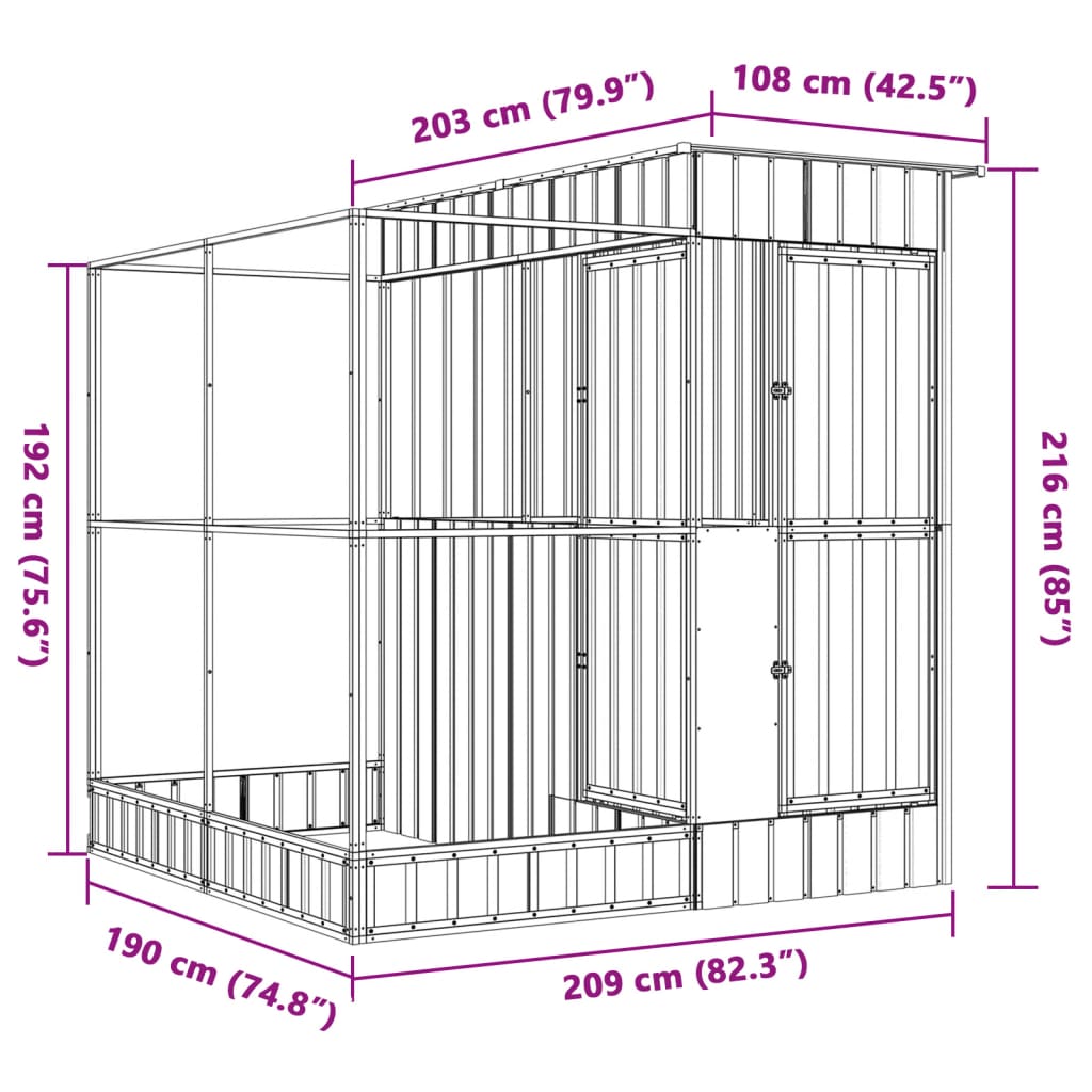 vidaXL Aviário com extensão 209x203x216 cm aço prateado