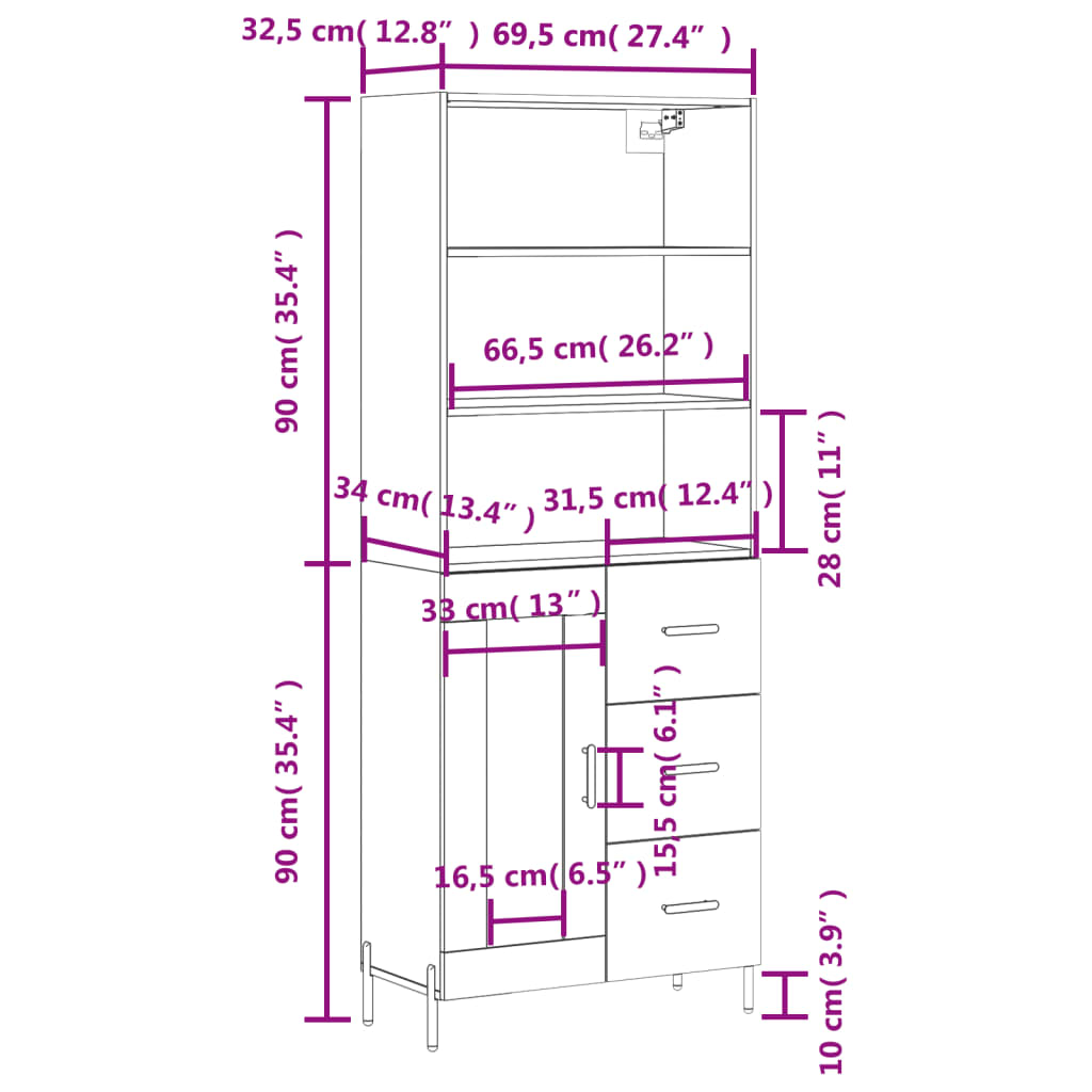 vidaXL Armário alto 69,5x34x180 cm derivados de madeira preto