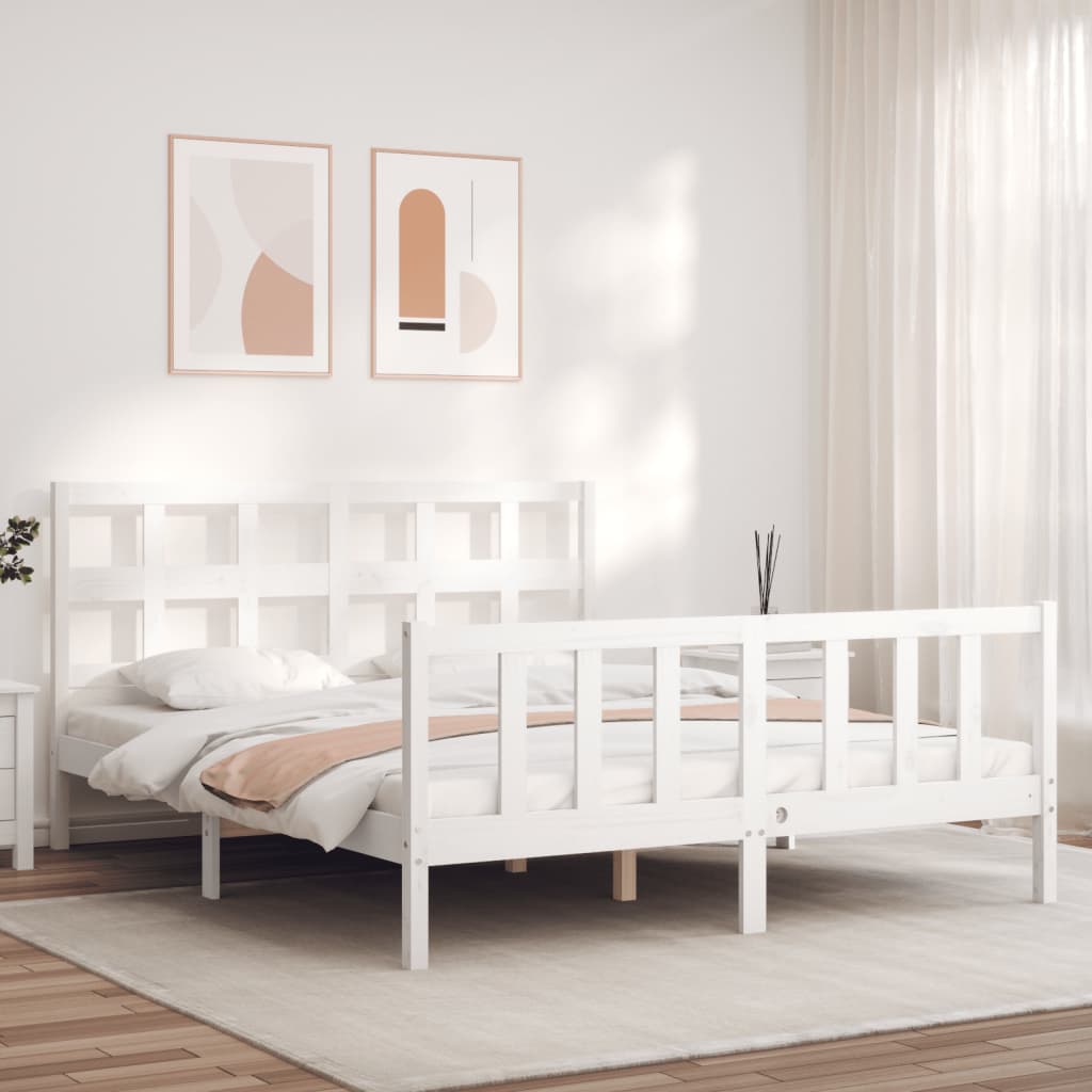 vidaXL Estrutura de cama King Size com cabeceira madeira maciça branco