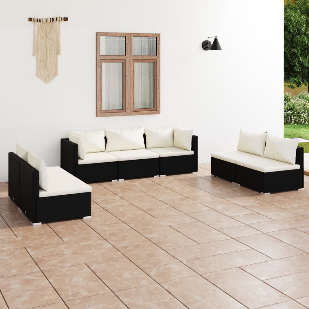 vidaXL 7 pcs conjunto lounge de jardim c/ almofadões vime PE preto