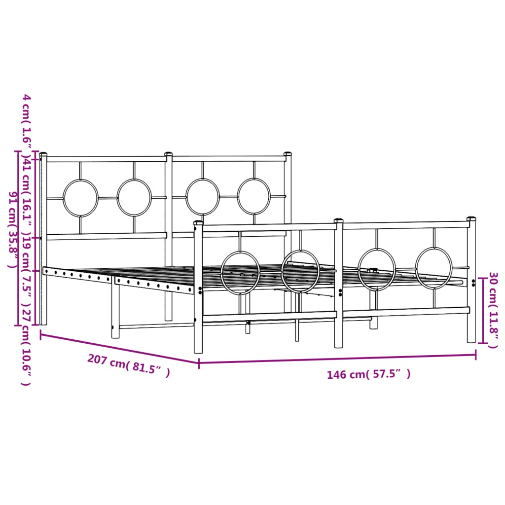 vidaXL Estrutura de cama com cabeceira e pés 140x200 cm metal preto