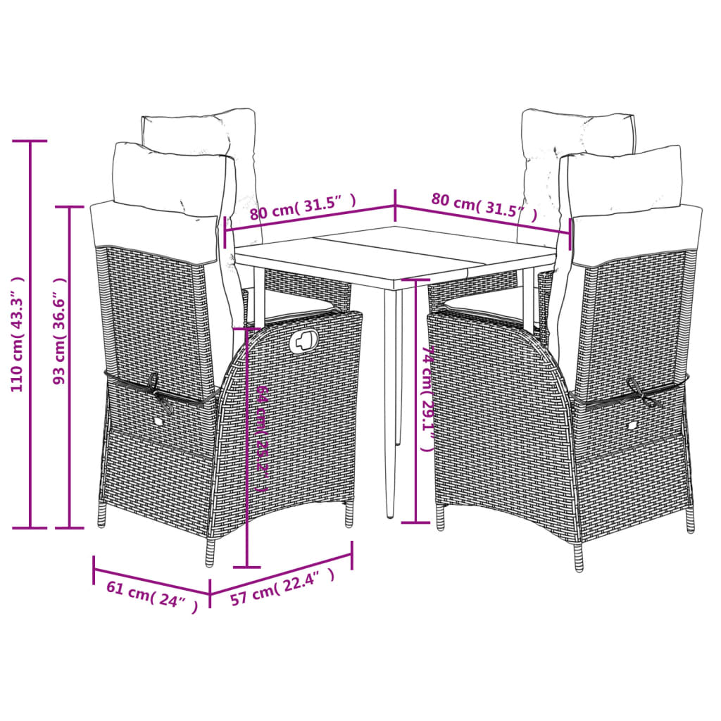 vidaXL 5 pcs conjunto de jantar p/ jardim com almofadões vime PE bege