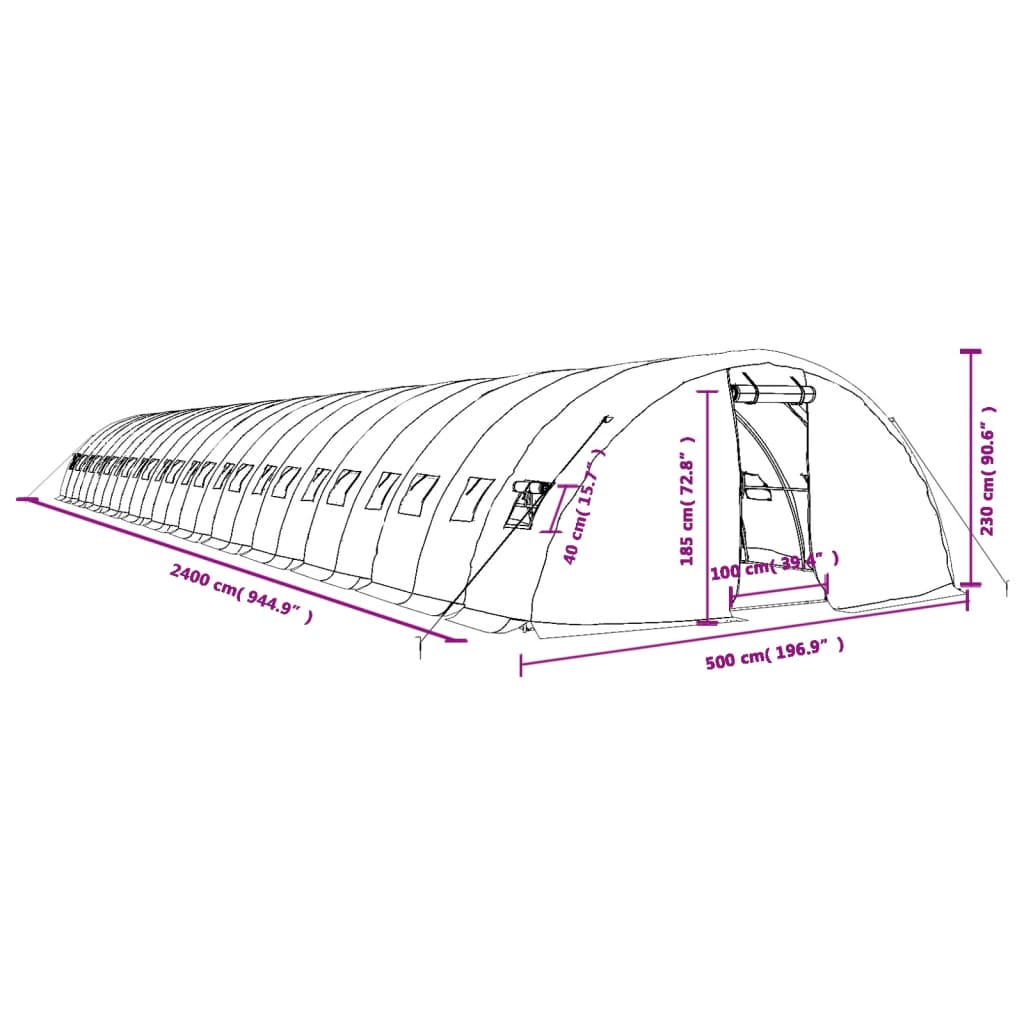 vidaXL Estufa com estrutura de aço 120 m² 24x5x2,3 m verde
