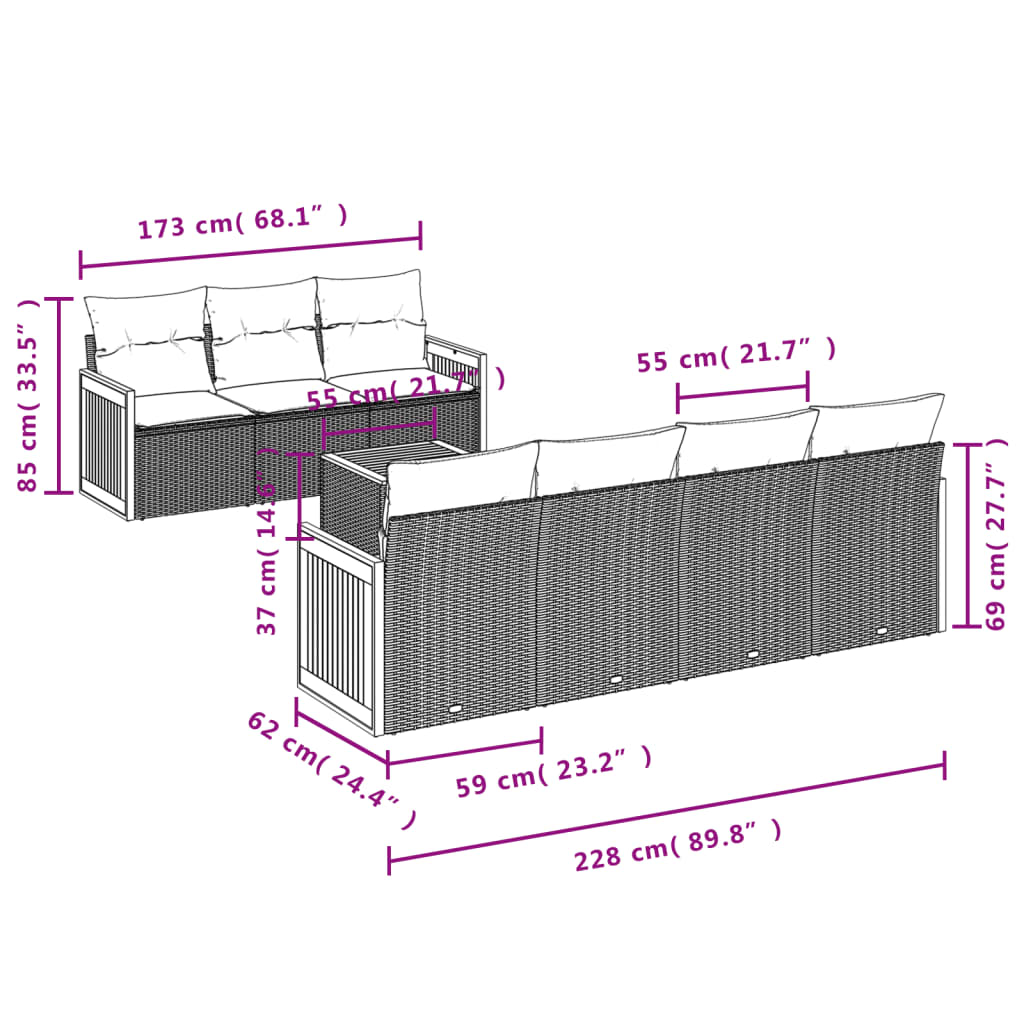 vidaXL 8 pcs conjunto de sofás p/ jardim com almofadões vime PE bege