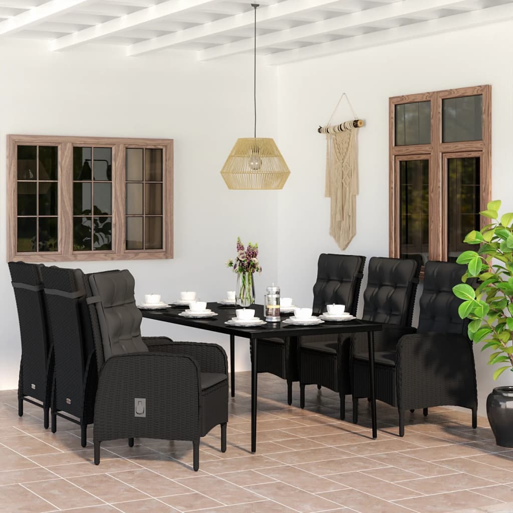 vidaXL 7 pcs conjunto de jantar para jardim com almofadões preto