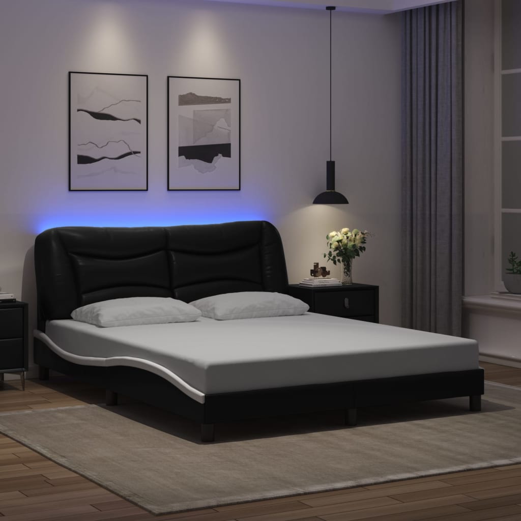 vidaXL Estrutura cama c/ luzes LED 160x200cm couro artif. preto/branco