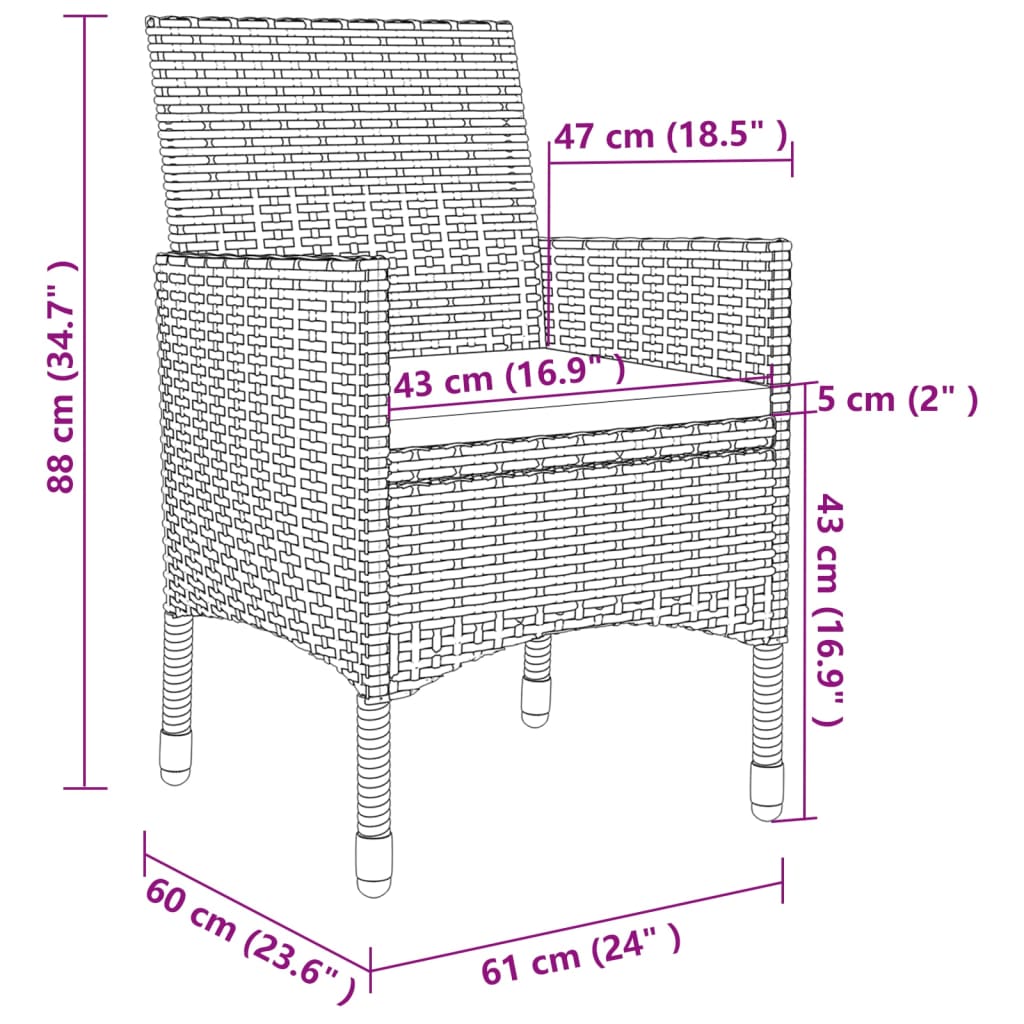 vidaXL 7 pcs conjunto jantar exterior com almofadões vime PE preto