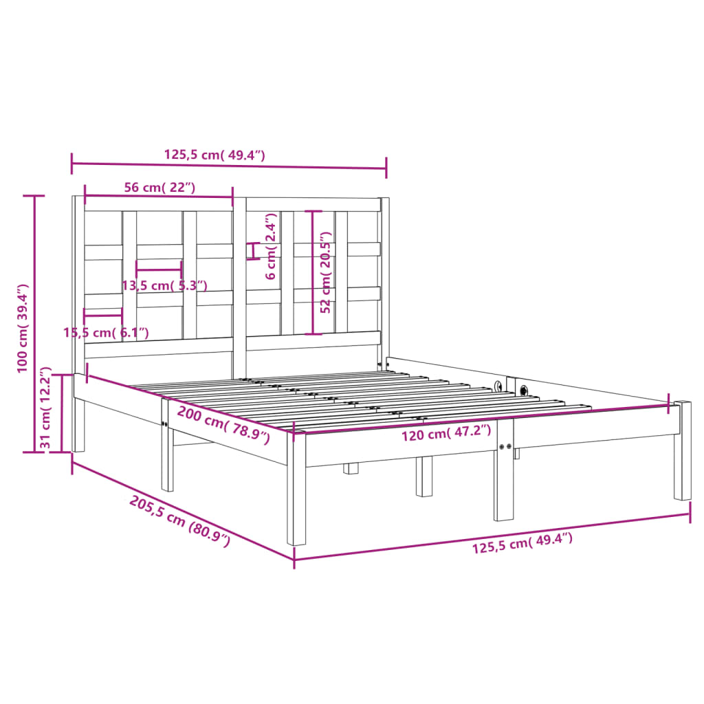 vidaXL Estrutura de cama 120x200 cm madeira maciça