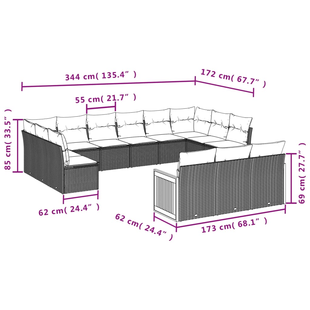 vidaXL 13 pcs conjunto sofás p/ jardim c/ almofadões vime PE cinzento