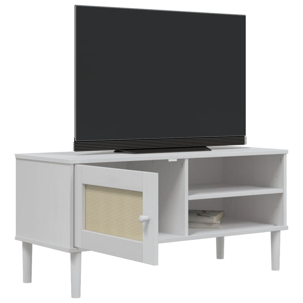 vidaXL Móvel de TV SENJA aspeto vime 106x40x49 cm pinho maciço branco