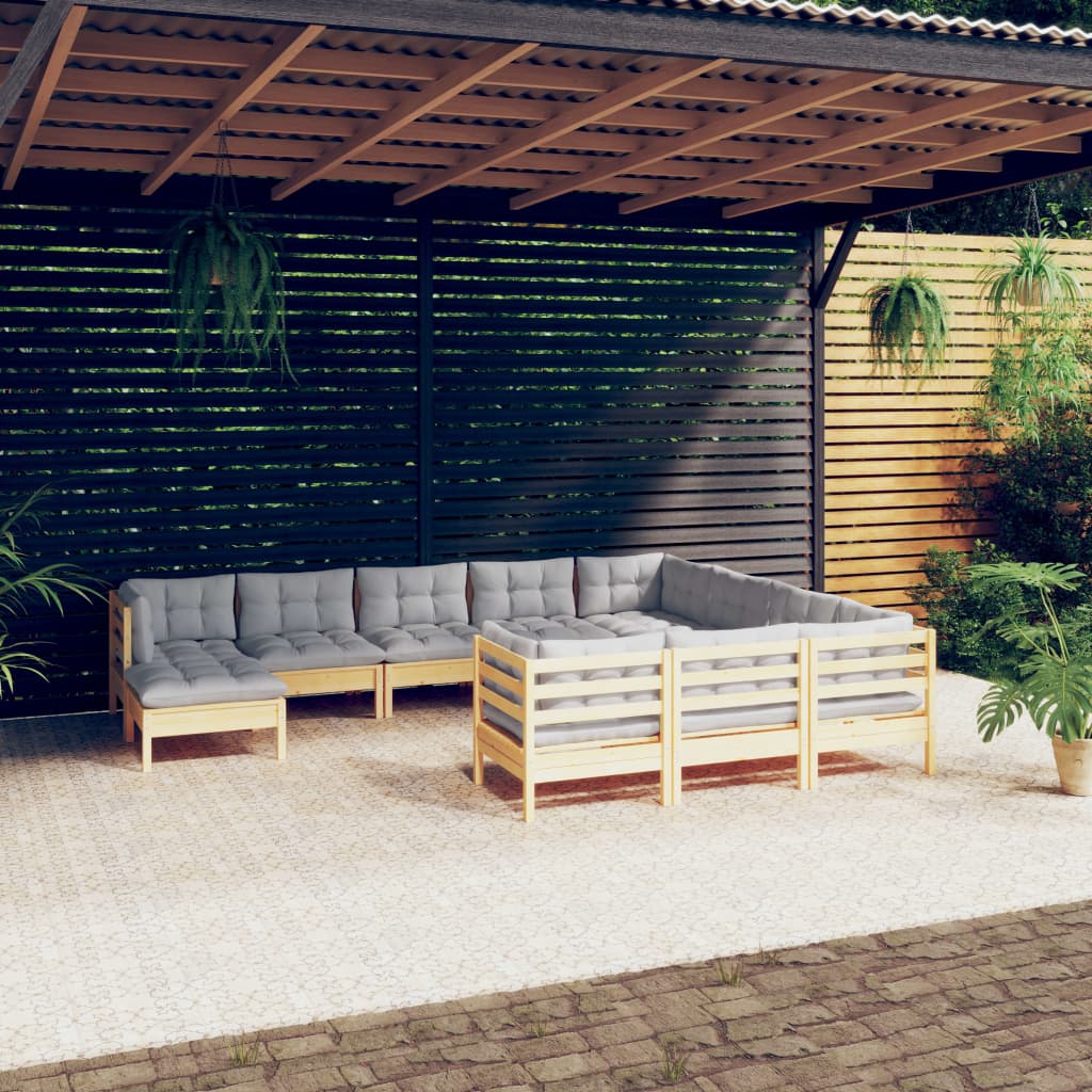 vidaXL 11 pcs conjunto lounge de jardim c/ almofadões cinza pinho