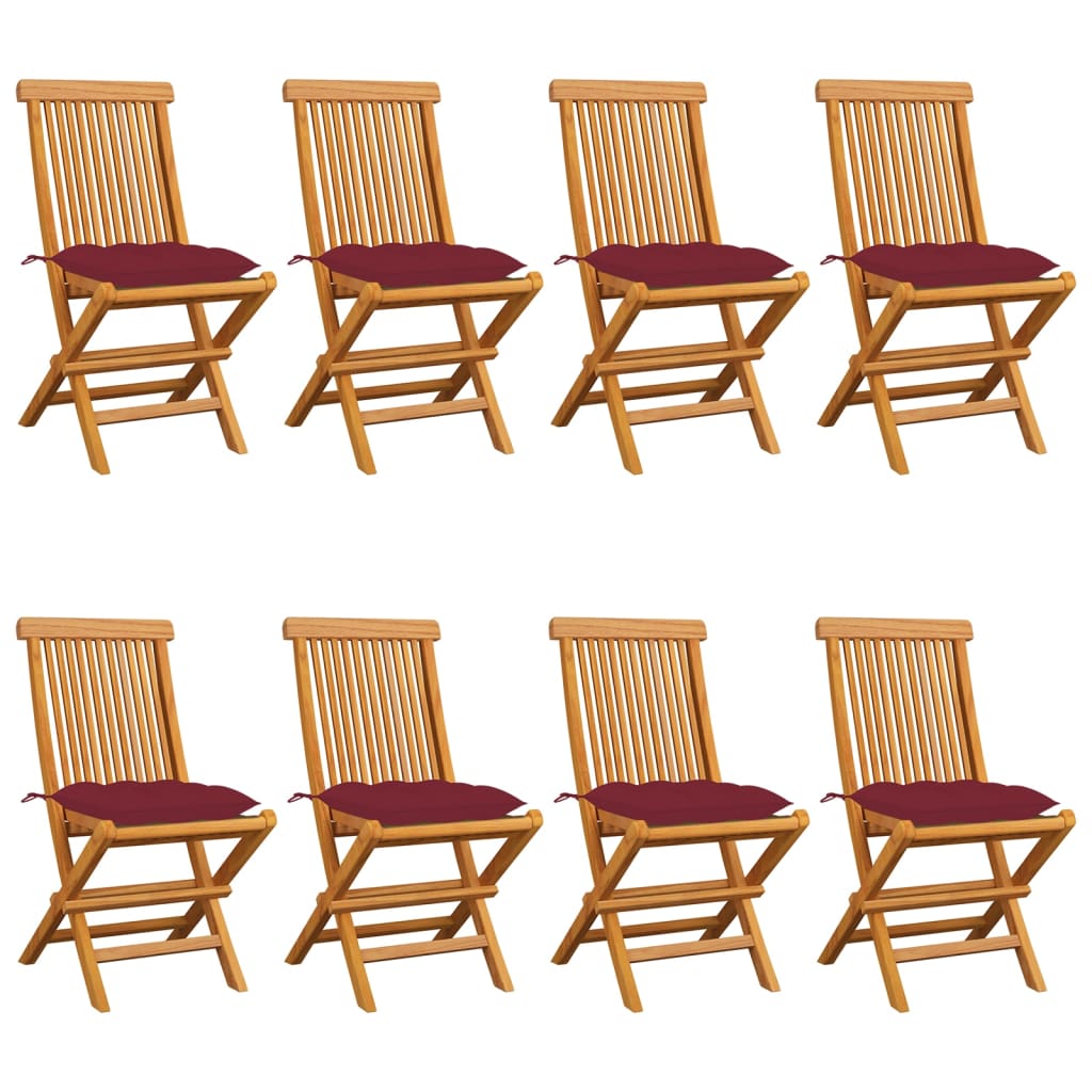 vidaXL Cadeiras jardim c/ almofadões vermelho tinto 8 pcs teca maciça