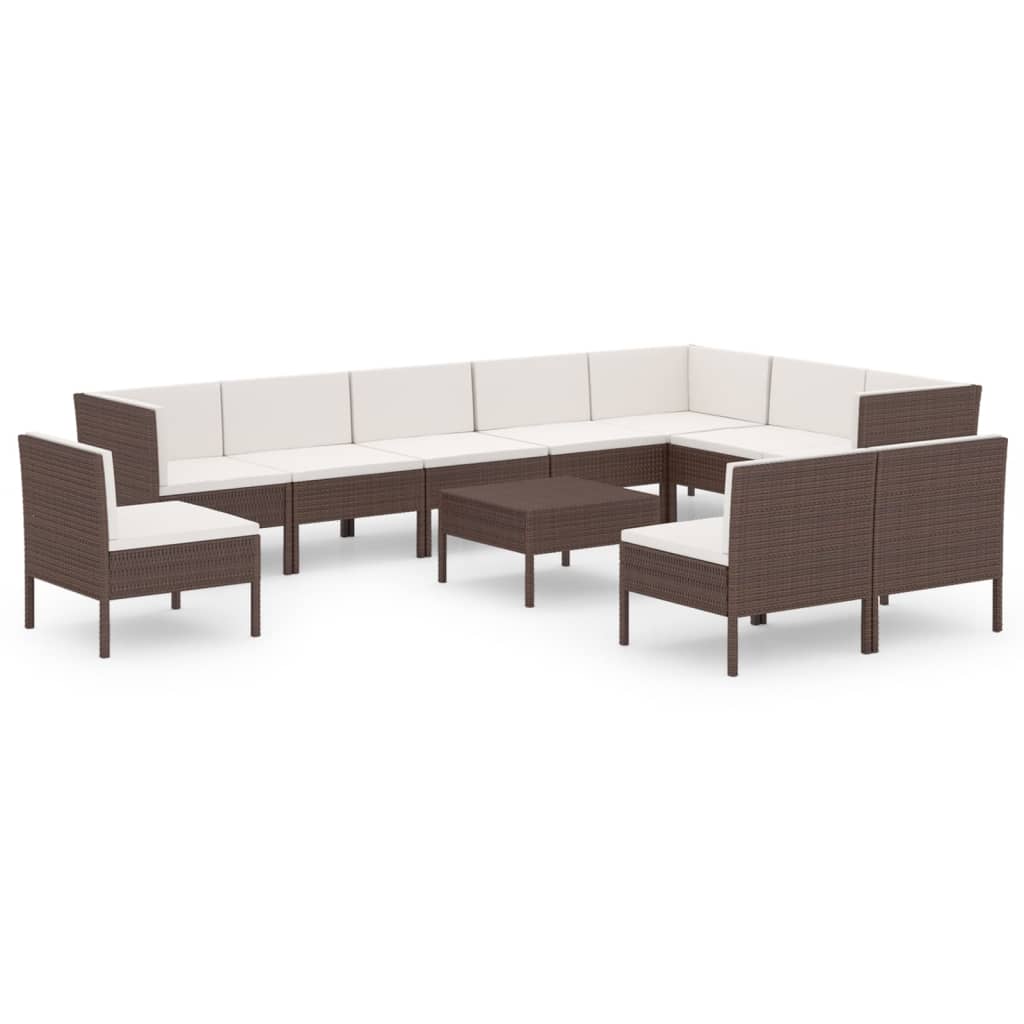 vidaXL 11 pcs conjunto lounge jardim c/ almofadões vime PE castanho