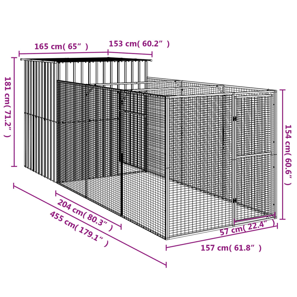 vidaXL Casota cães c/ parque 165x455x181 cm aço galvaniz. cinza-claro