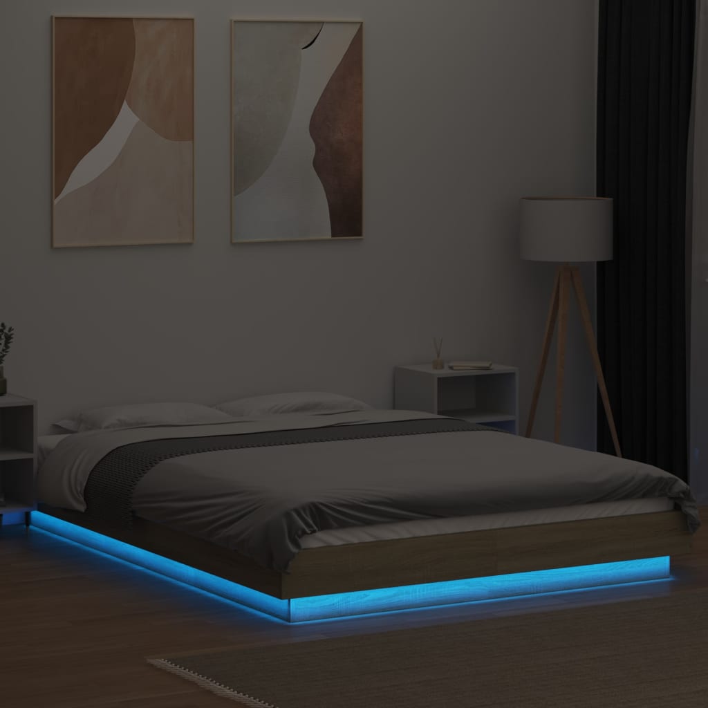 vidaXL Estrutura cama c/ luzes LED derivados madeira carvalho sonoma