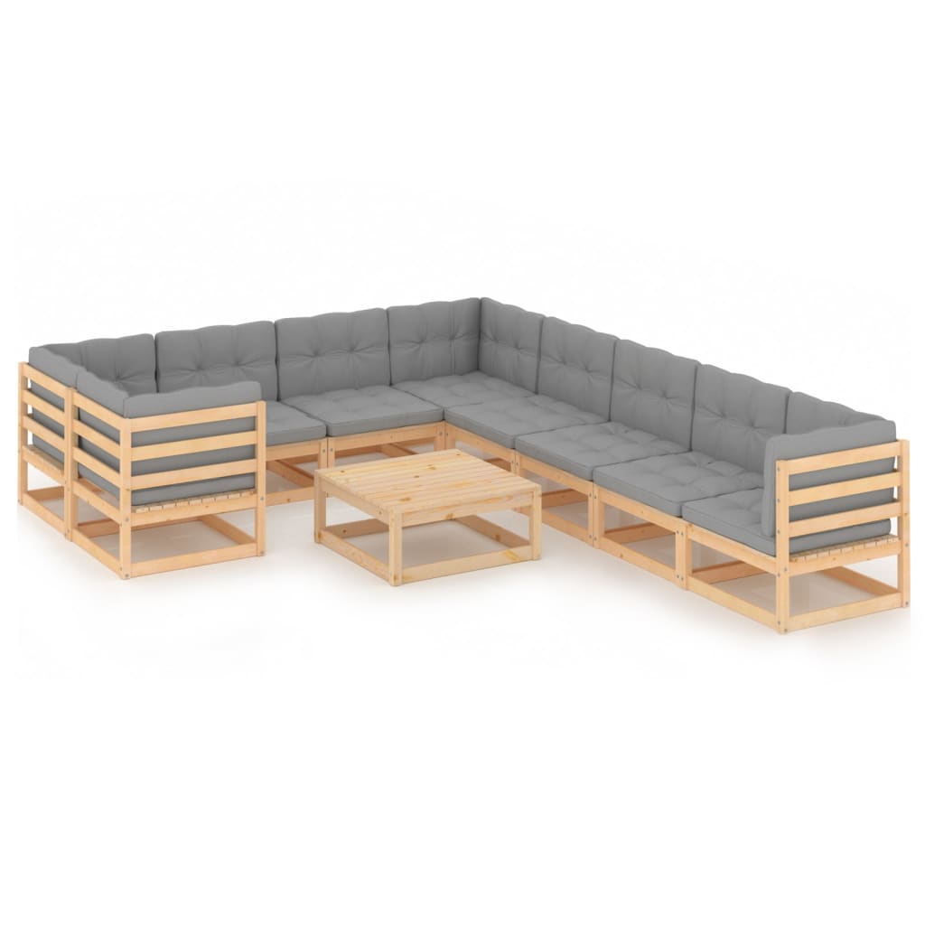 vidaXL 10 pcs conjunto lounge de jardim c/ almofadões pinho maciço