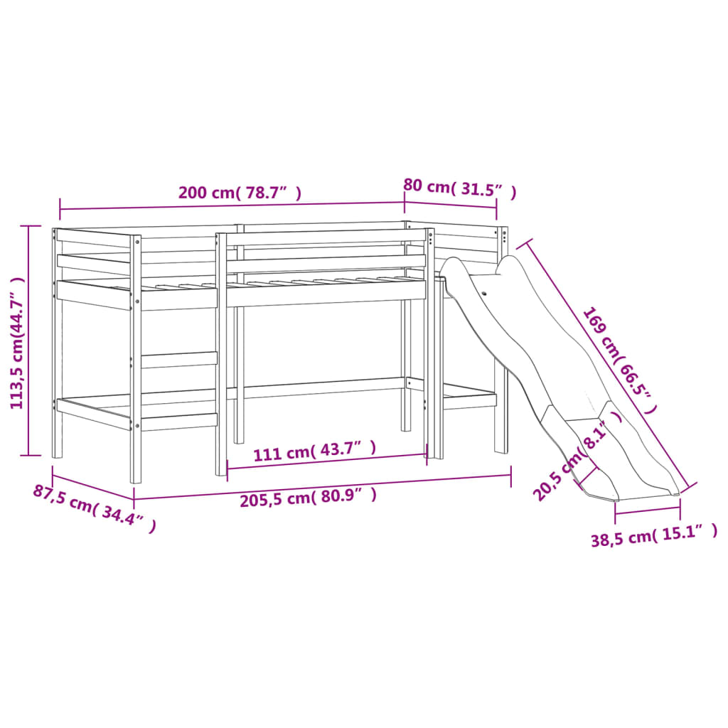 vidaXL Cama alta para criança com torre 80x200 cm pinho maciço rosa