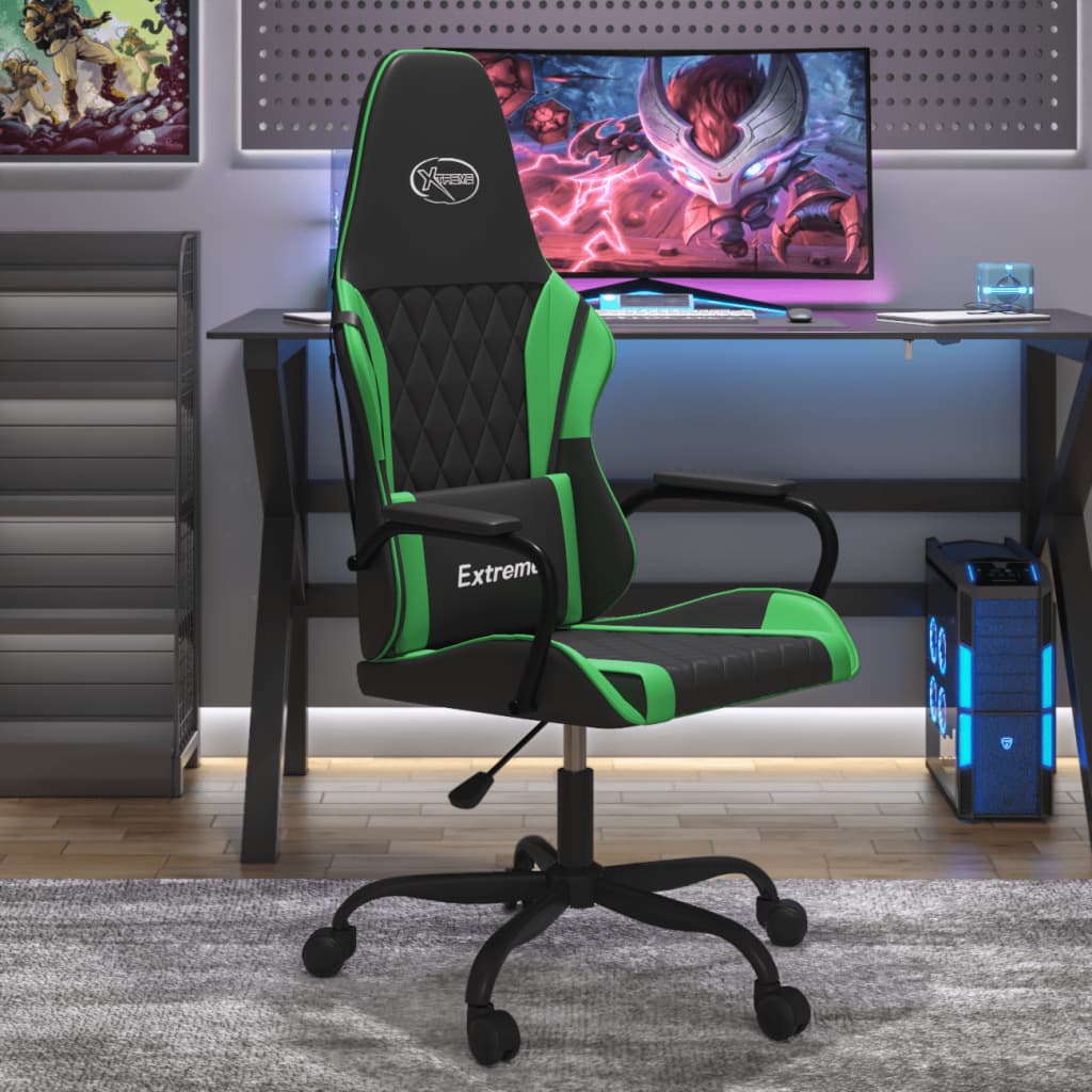 vidaXL Cadeira gaming massagens couro artificial preto e verde