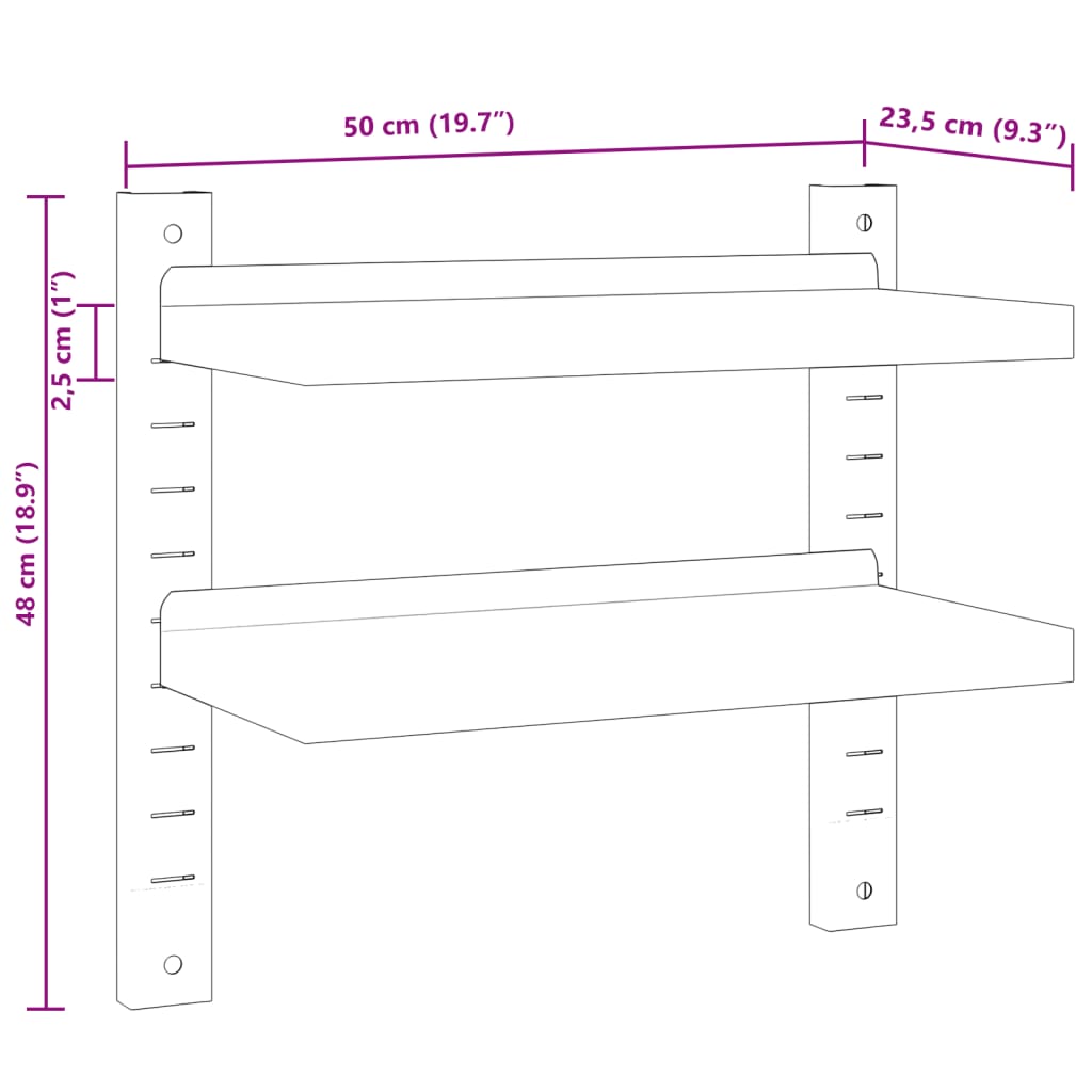 vidaXL Estante parede 2 prateleiras 50x23,5x60 cm aço inoxidável prata