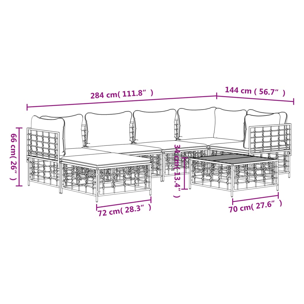 vidaXL 7 pcs conjunto lounge de jardim c/ almofadões vime PE antracite