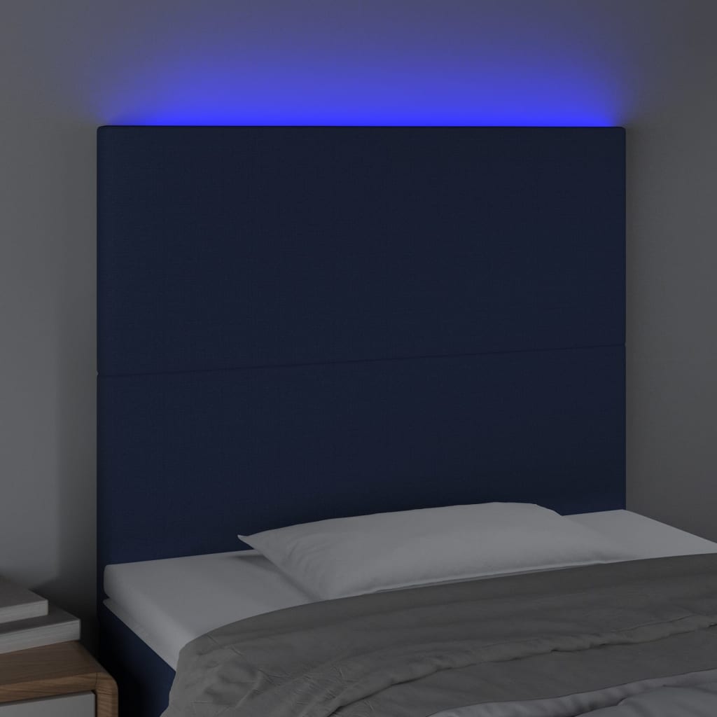 vidaXL Cabeceira de cama c/ LED tecido 90x5x118/128cm azul