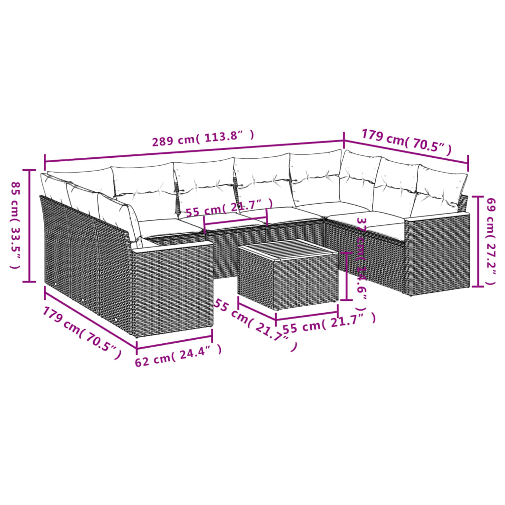 vidaXL 10 pcs conjunto sofás de jardim c/ almofadões vime PE cinzento