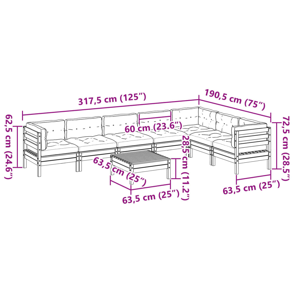 vidaXL 8pcs conj. sofás jardim c/ almofadões pinho maciço castanho mel