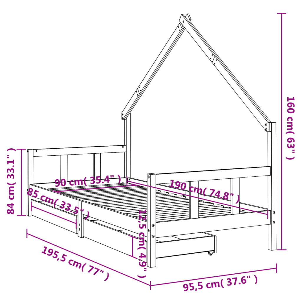 vidaXL Estrutura de cama infantil c/ gavetas 90x190 cm pinho maciço