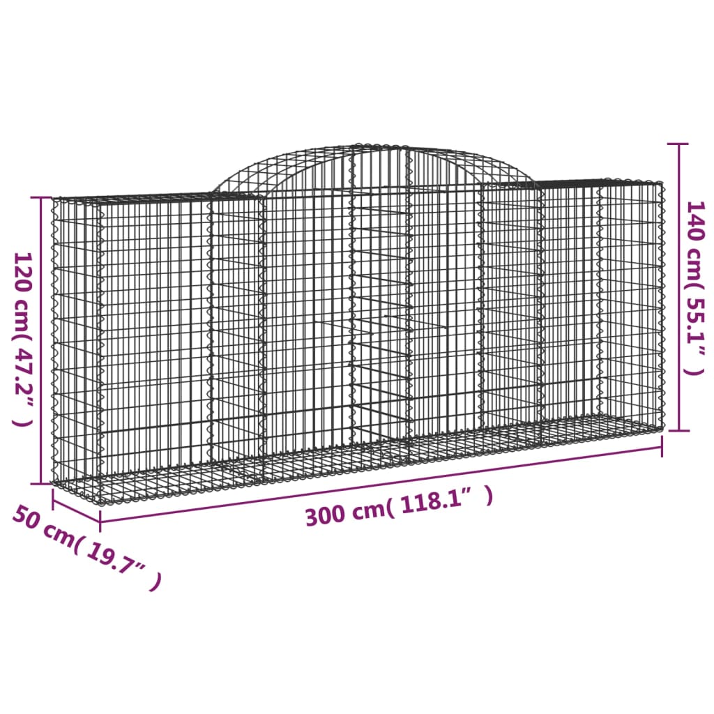 vidaXL Cestos gabião arqueados 3pcs 300x50x120/140cm ferro galvanizado