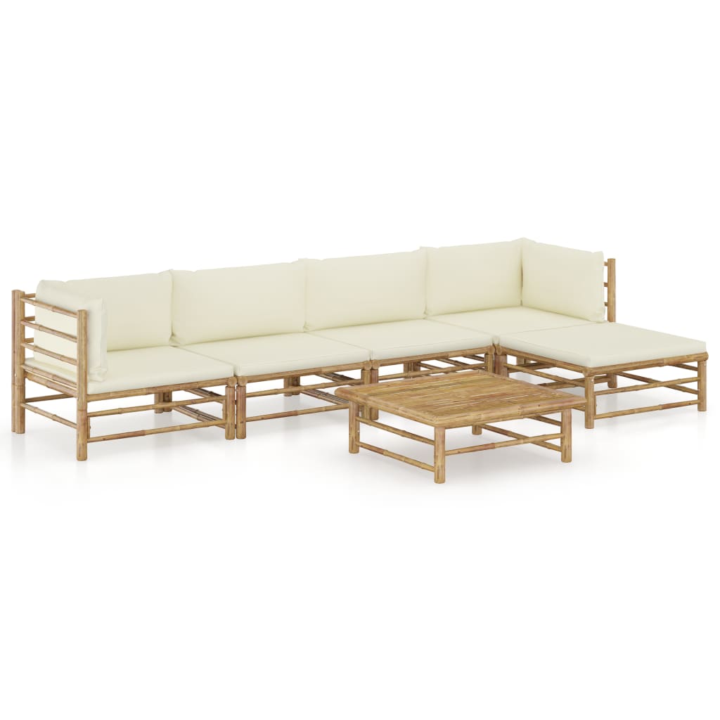 vidaXL 6 pcs conj. lounge p/ jardim em bambu c/ almofadões branco nata