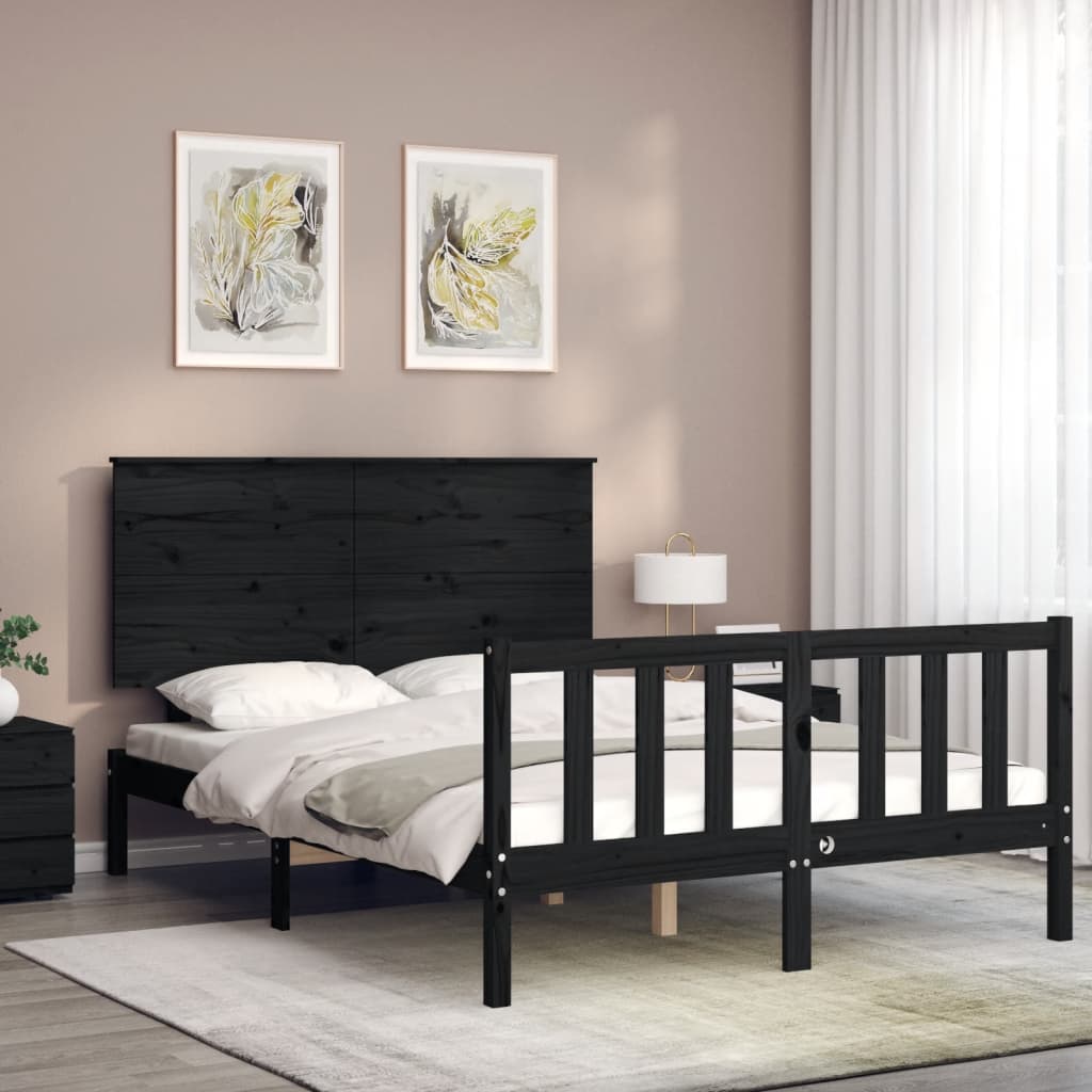 vidaXL Estrutura de cama com cabeceira 140x200 cm madeira maciça preto