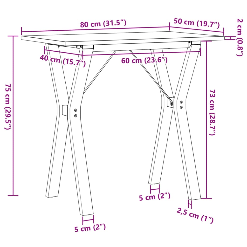 vidaXL Mesa de jantar estrutura em Y 80x50x75 cm pinho e ferro fundido