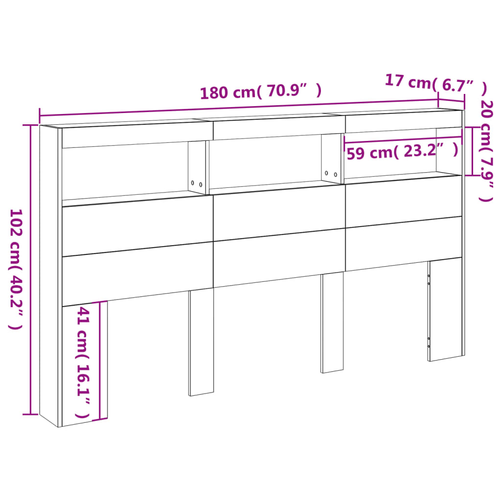 vidaXL Armário de cabeceira com luzes LED 180x17x102 cm preto