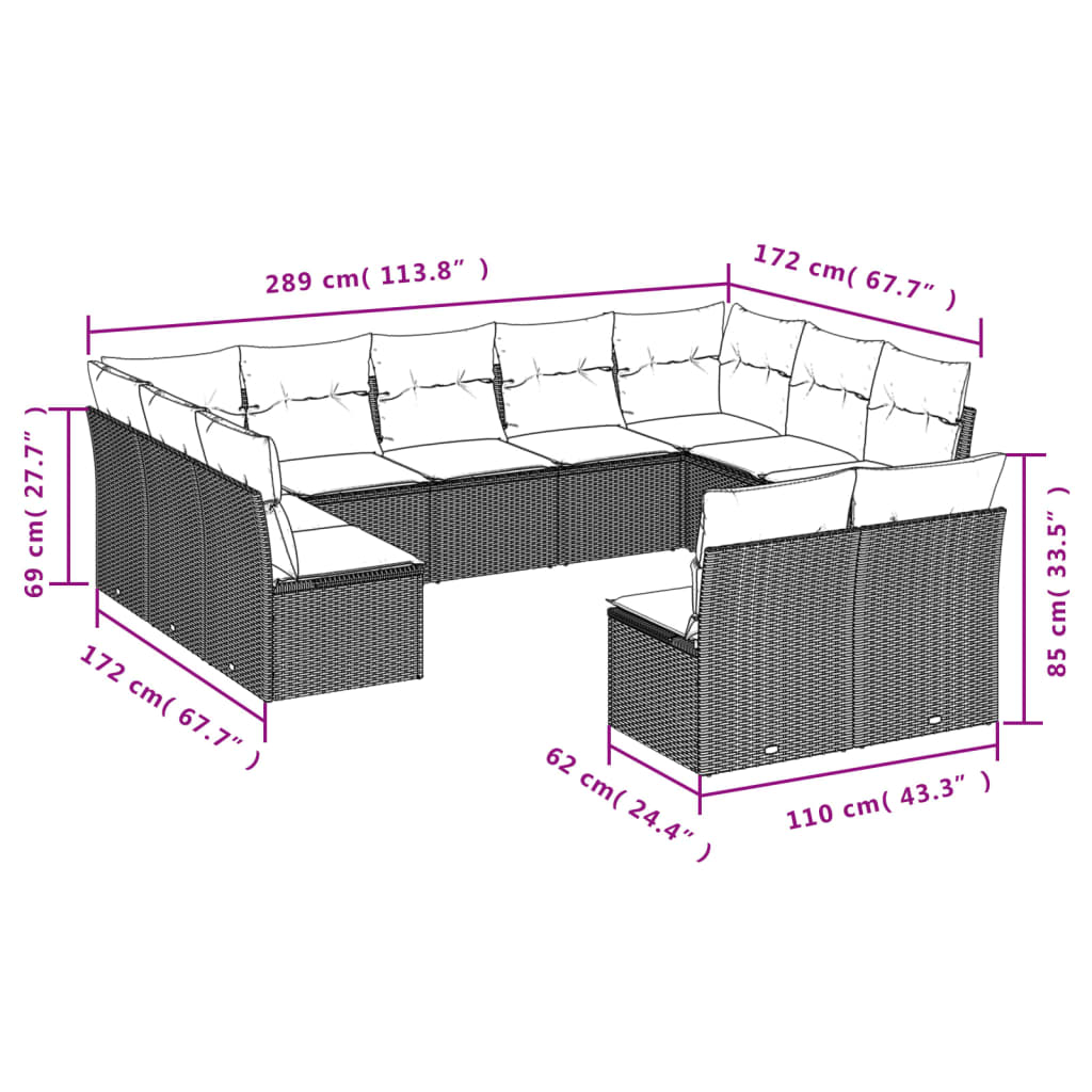 vidaXL 11 pcs conjunto sofás de jardim c/ almofadões vime PE preto