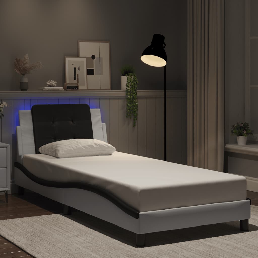 vidaXL Estrutura cama c/ luzes LED 80x200 cm couro artif. branco/preto