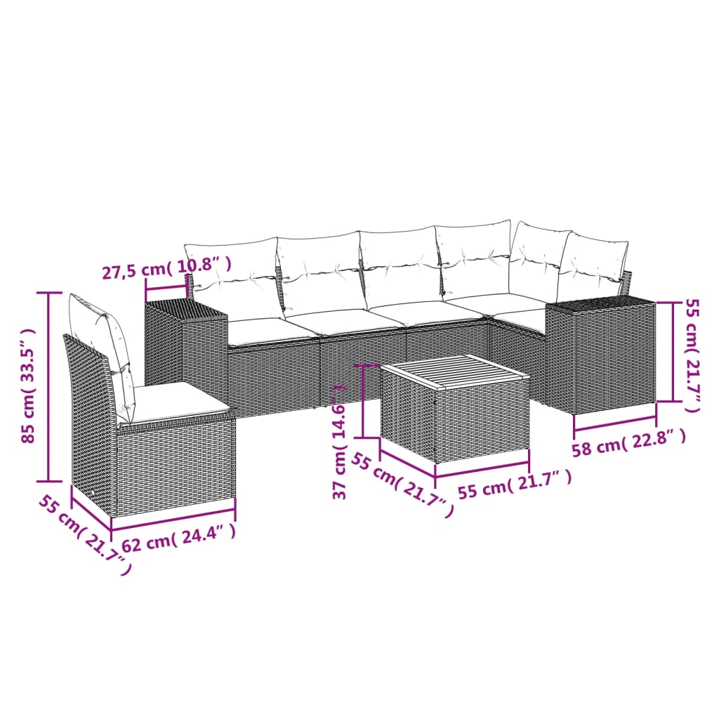 vidaXL 7 pcs conjunto de sofás p/ jardim com almofadões vime PE bege