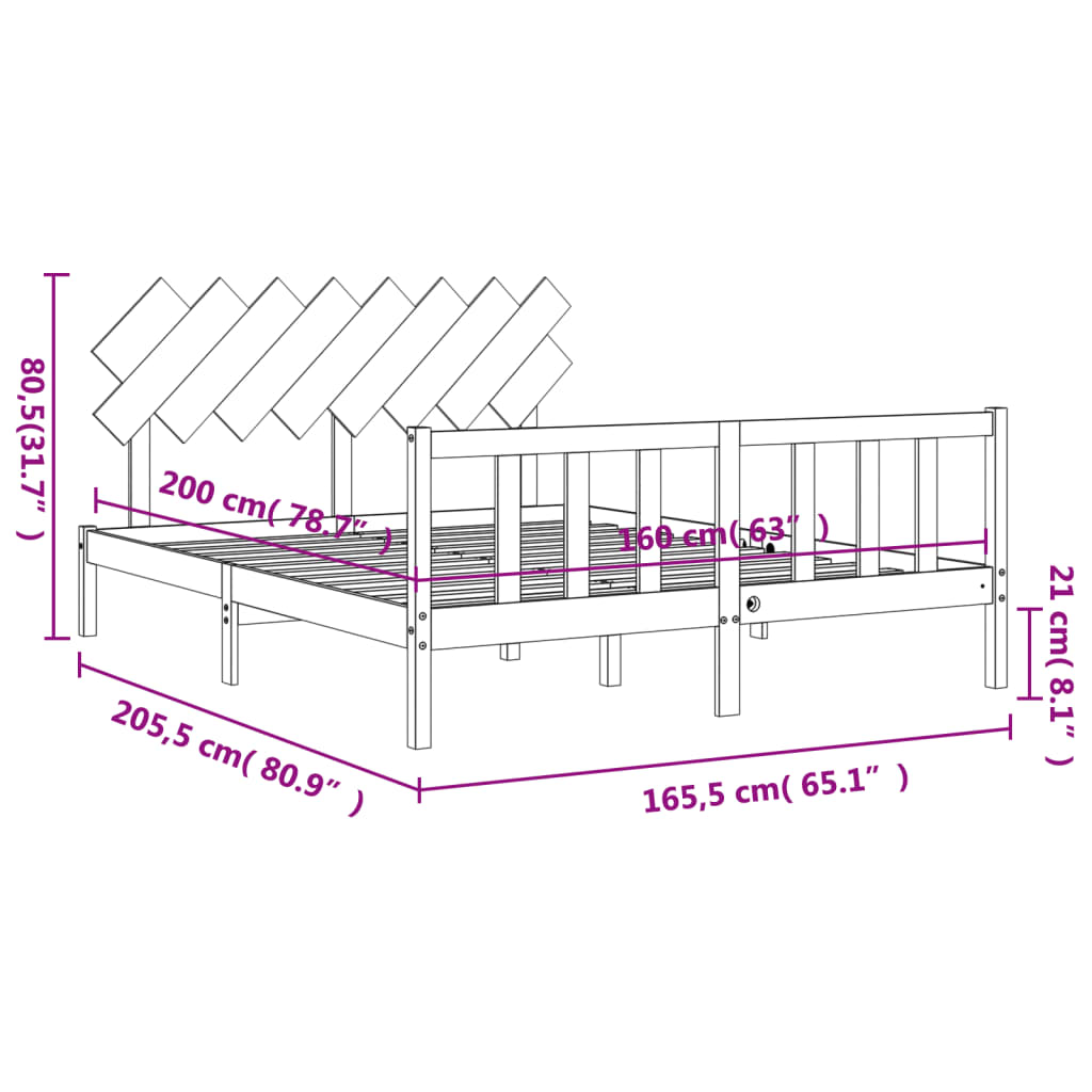 vidaXL Estrutura de cama com cabeceira 160x200 cm madeira maciça preto