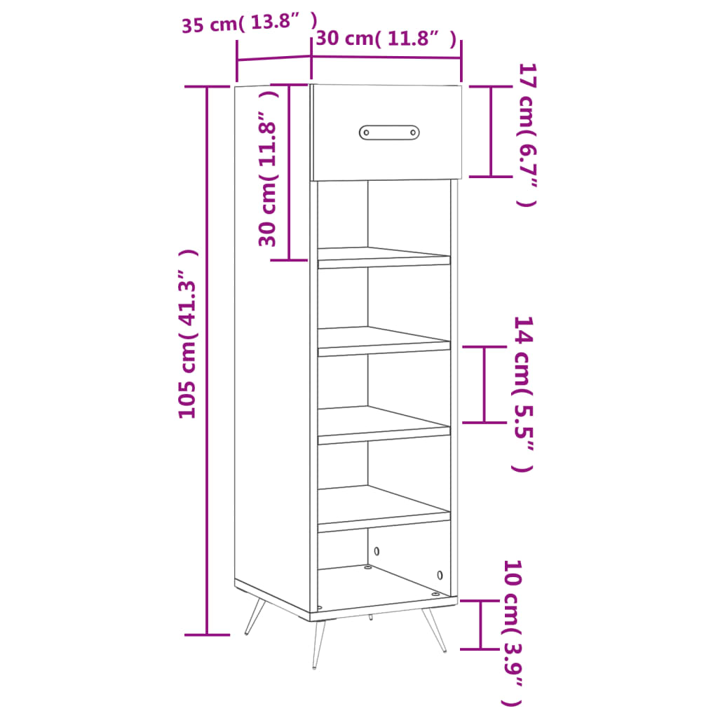 vidaXL Sapateira 30x35x105 cm derivados de madeira branco