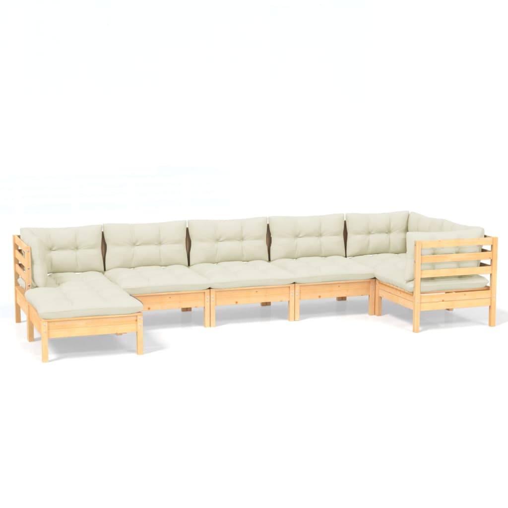 vidaXL 7 pcs conjunto lounge jardim c/ almofadões creme pinho maciço