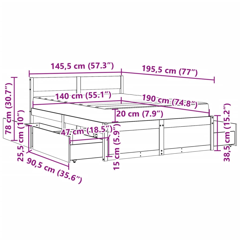 vidaXL Cama com gavetas e colchão 140x190 cm pinho maciço branco