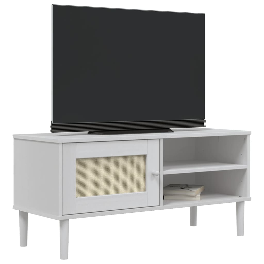 vidaXL Móvel de TV SENJA aspeto vime 106x40x49 cm pinho maciço branco