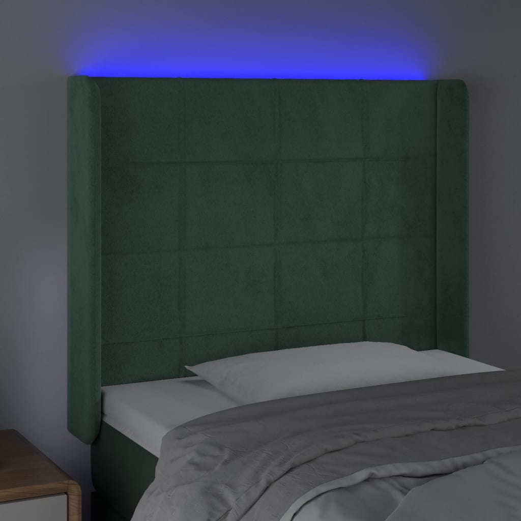 vidaXL Cabeceira cama c/ luzes LED veludo 83x16x118/128cm verde-escuro